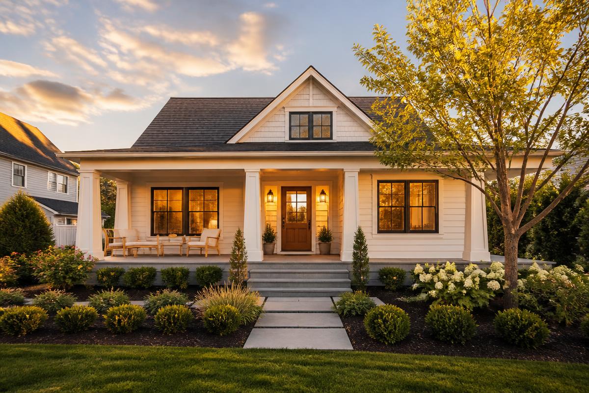 Well-maintained home at sunset